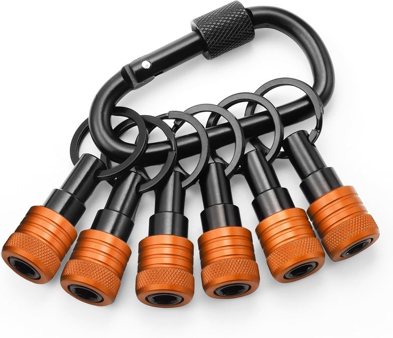 VALKYNOS Enhanced Non-Slip Bit Holder Key Chain 6pc, 1/4 Inch Hex Shank Bit Holders, Impact Bits Holder for Screwdriver & Drill bits, Quick Release Bit Holder w/Black Keychain, Cool Gifts for Men, Orange - Image 1
